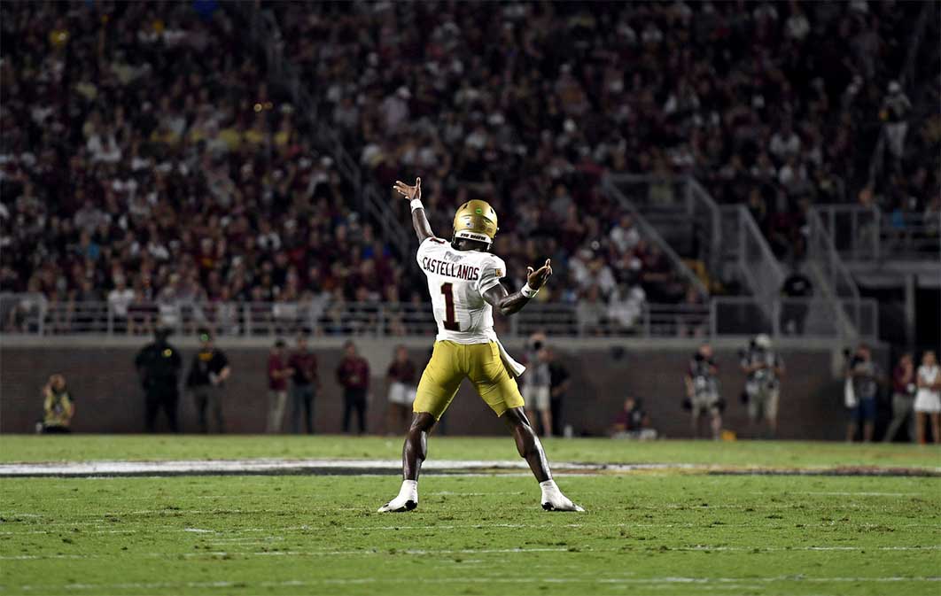 Boston College Eagles quarterback Thomas Castellanos (1) celebrates a touchdown pass during the first half against the Florida State Seminoles at Doak S. Campbell Stadium