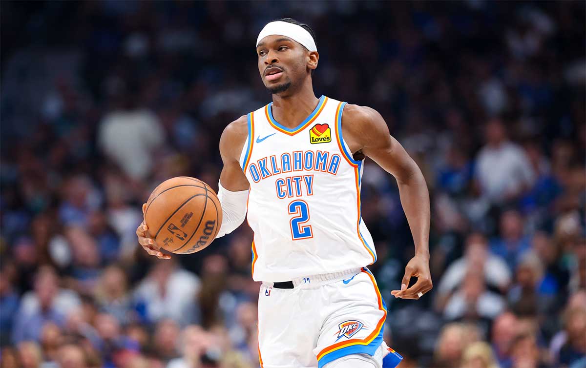 Oklahoma City Thunder guard Shai Gilgeous-Alexander (2) dribbles against the Dallas Mavericks during the second quarter of Game 6 of the second round of the 2024 NBA Playoffs at American Airlines Center.