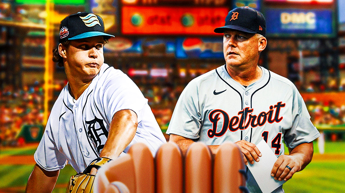 Jackson Jobe (Tigers prospect) pitching, AJ Hinch (Tigers manager) and Comerica Park background