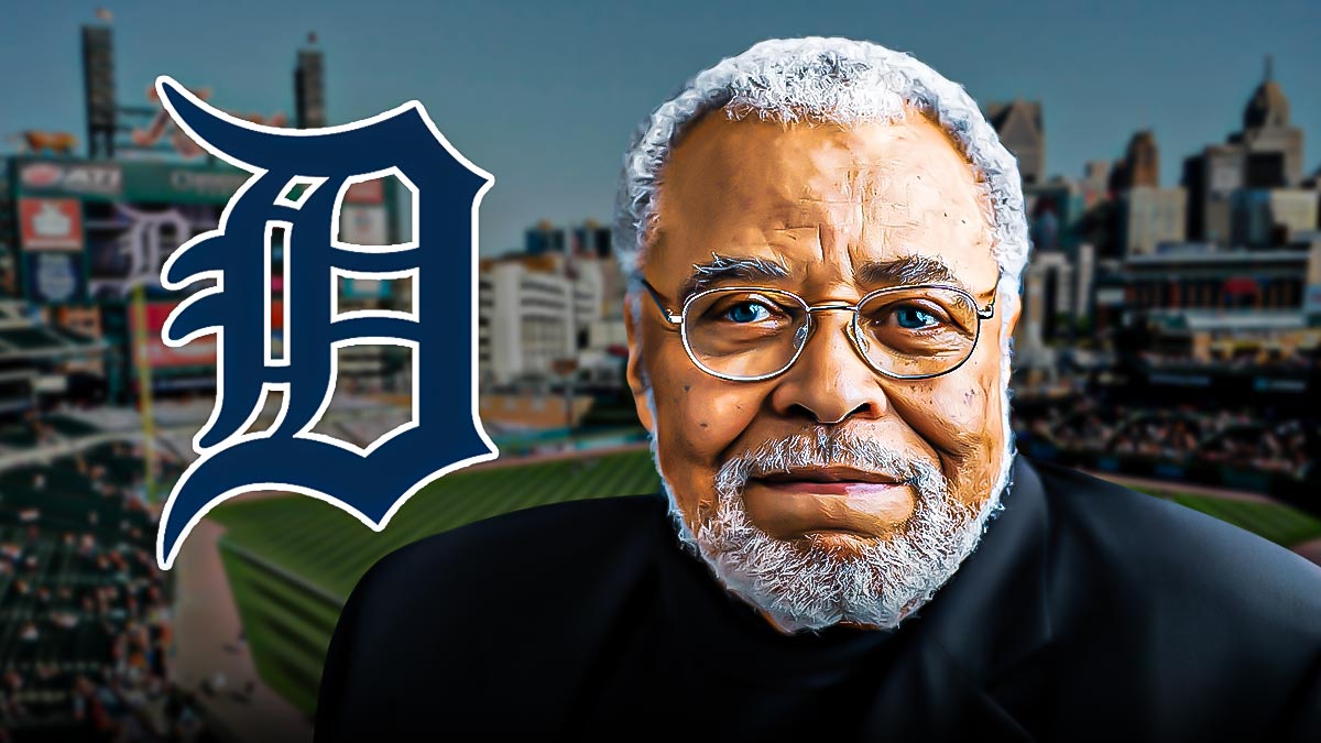 James Earl Jones from the movie Field of Dreams with Comerica Park/Detroit Tigers logo behind him as the tigers paid tribute to jones whose tribute was field of dreams scene.