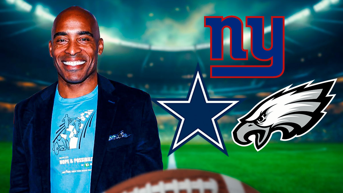 Tiki Barber (recent pic, not in uniform) next to new york giants, dallas cowboys, and Philadelphia eagles logos