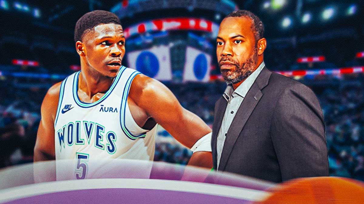 Rasheed Wallace yelling at Anthony Edwards featuring Timberwolves-themed BG.