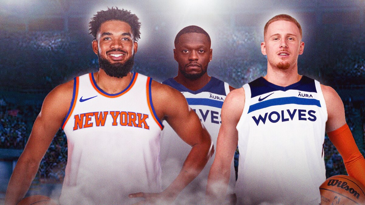 Karl-Anthony Towns in Knicks jersey, Julius Randle, Donte DiVincenzo in Timberwolves jerseys