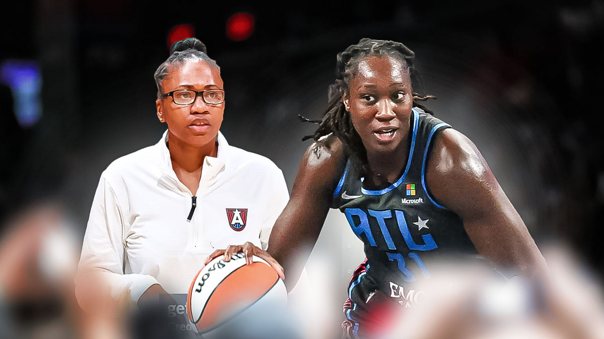 Tina Charles in a Dream jersey and Tanisha Wright in Dream coaching gear.
