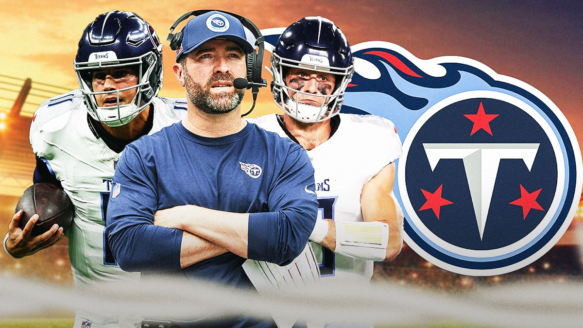 Titans' Brian Callahan next Will Levis, Mason Rudolph, Dolphins in background