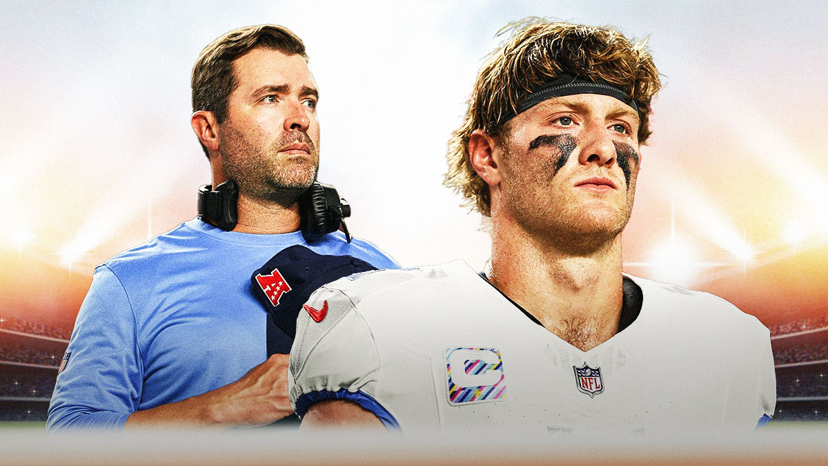 Brian Callahan next to Will Levis in front of the Titans Stadium.