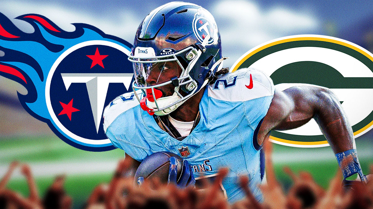 Running back Tyjae Spears in between the Titans and Packers logos