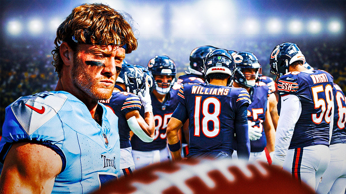 Tennessee Titans quarterback Will Levis, looking disappointed while Chicago Bears quarterback Caleb Williams celebrates with his teammates.