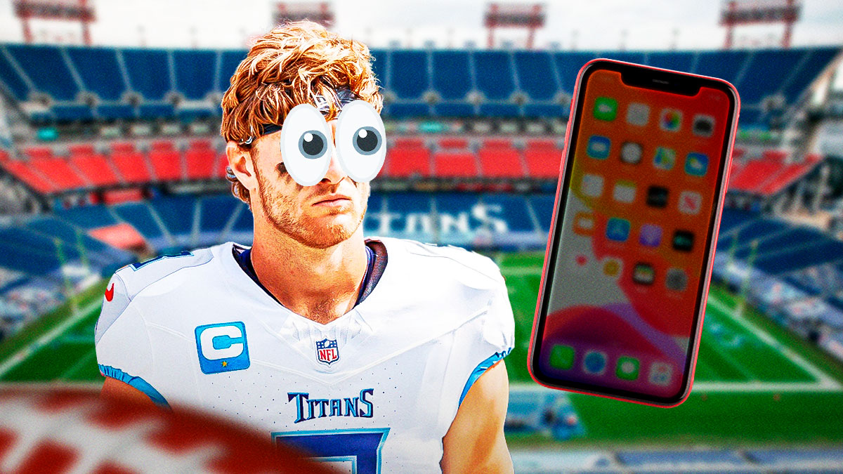 Will Levis in a Titans jersey with big eyes, and a phone next to him.