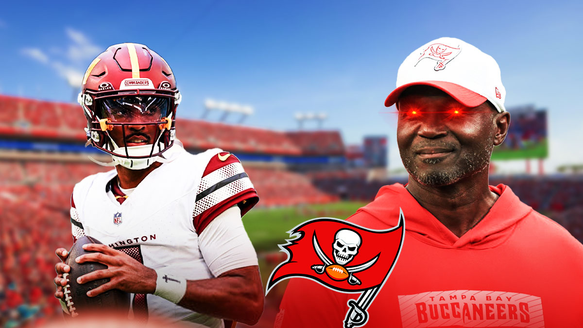 Todd Bowles with glowing red eyes with Buccaneers logo beside him looking at Jayden Daniels
