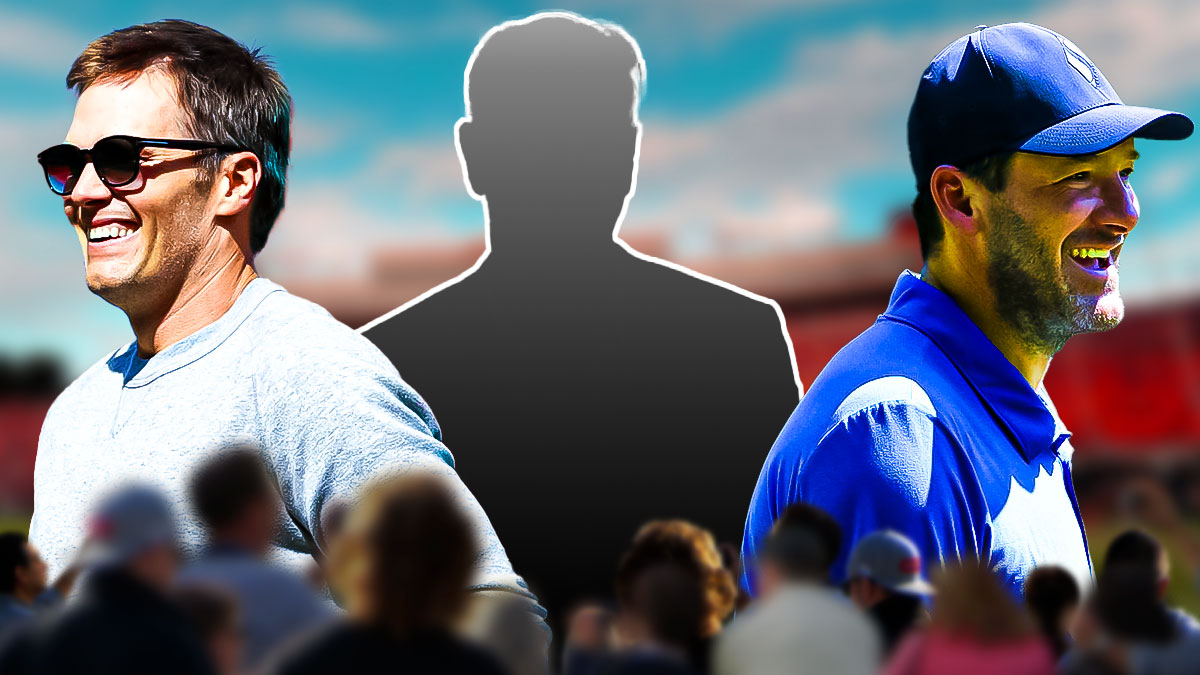 Drew Bledsoe as a silhouette. Tom Brady and Tony Romo in street clothes