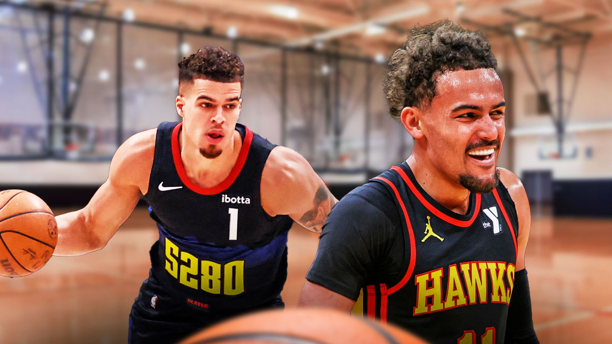 Hawks All-Star Trae Young smiling next to Nuggets forward Michael Porter Jr. in a basketball gym