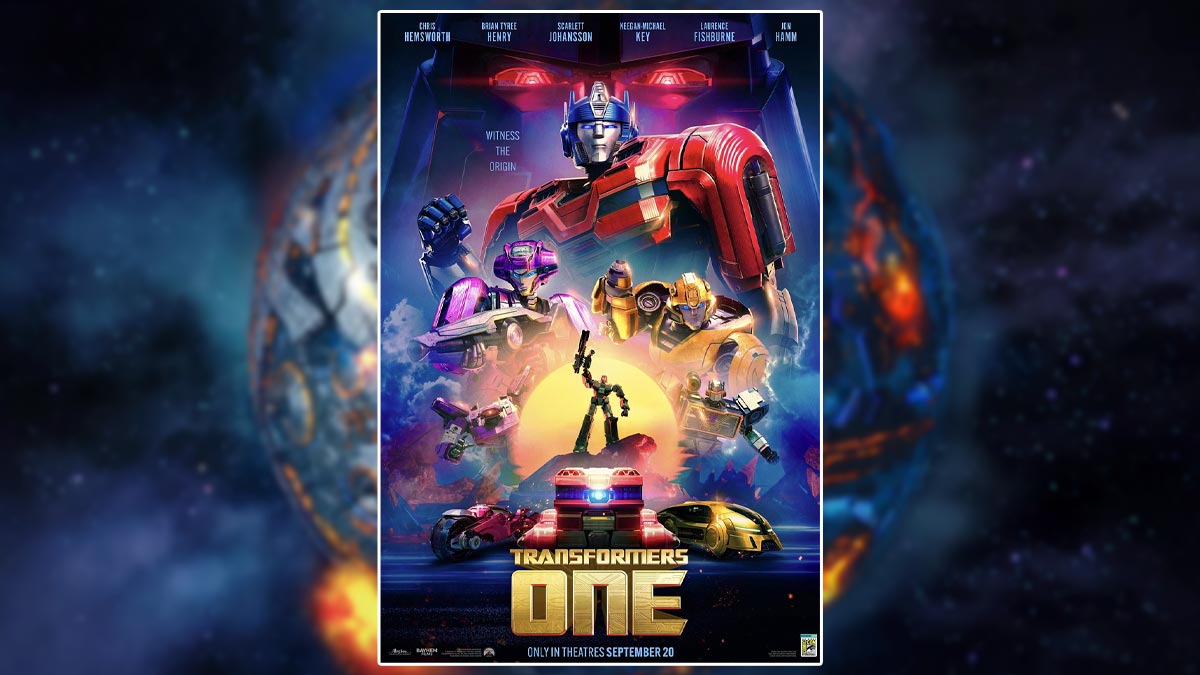 Transformers One poster with Cybertron background.