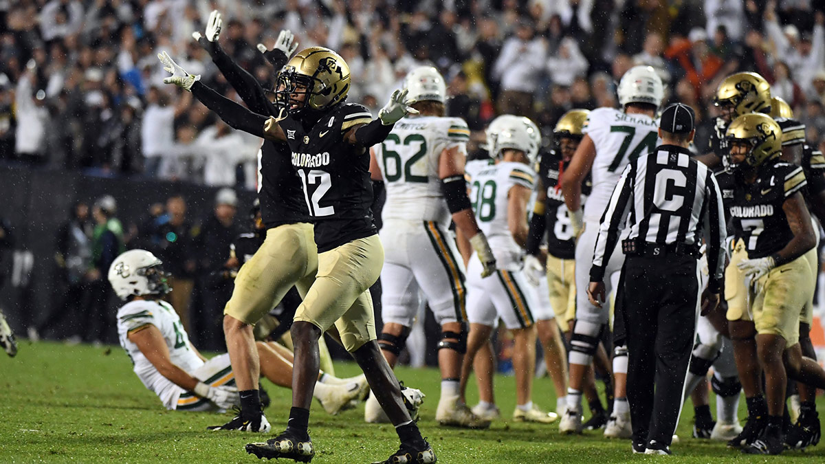 Colorado Buffaloes wide receiver Travis Hunter (12) celebrates with teammates after a missed field goal by the Baylor Bears during the second half at Folsom Field.