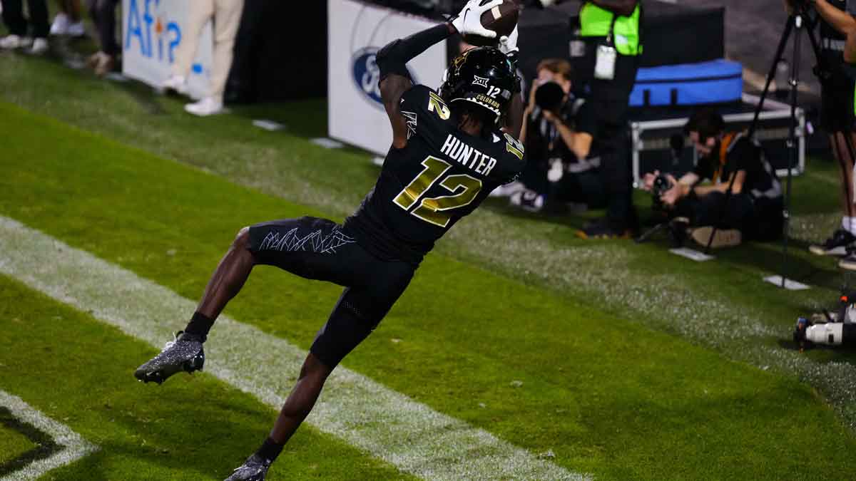 Colorado Buffaloes wide receiver Travis Hunter (12) pulls in a touchdown against North Dakota State Bison in the third quarter at Folsom Field.
