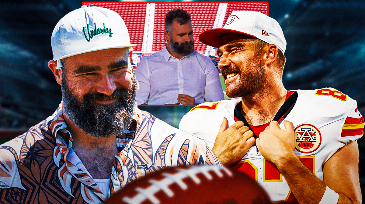 Travis Kelce and Jason Kelce laughing at a picture of Jason