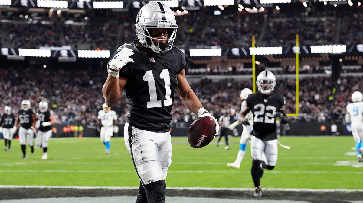 Las Vegas Raiders wide receiver Tre Tucker (11) celebrates after a turnover against the Los Angeles Chargers in the second quarter at Allegiant Stadium.