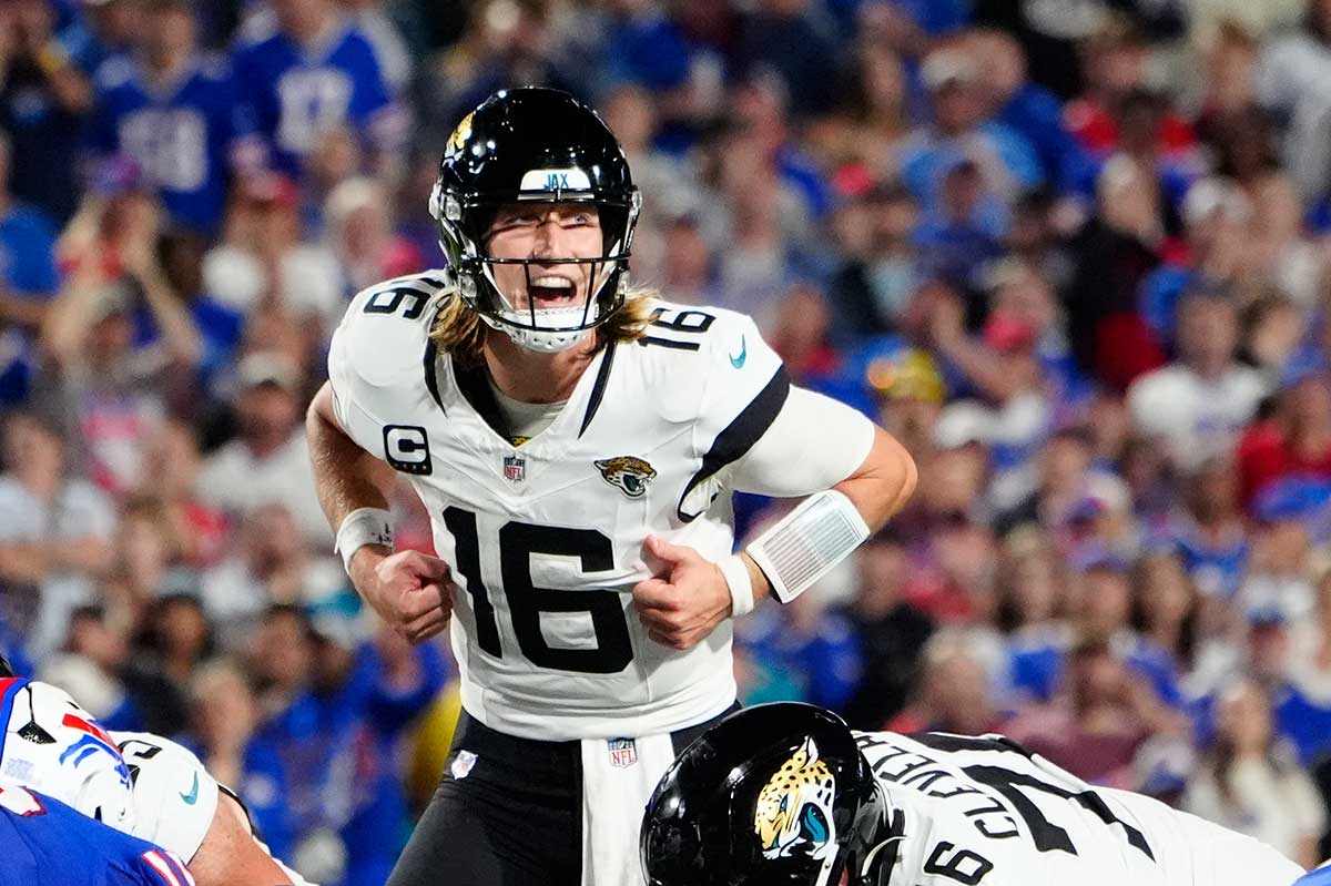 Jacksonville Jaguars quarterback Trevor Lawrence (16) calls signals against the Buffalo Bills during the second half at Highmark Stadium.