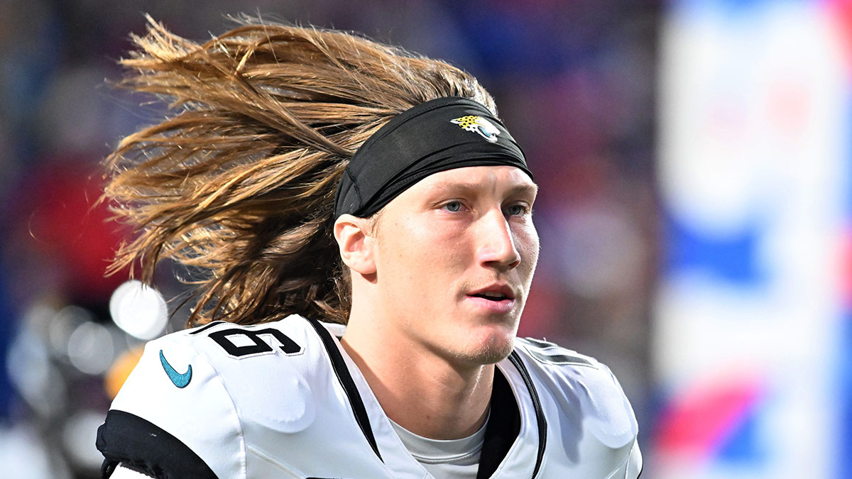 Jacksonville Jaguars quarterback Trevor Lawrence (16) enters the field before a game against the Buffalo Bills at Highmark Stadium.