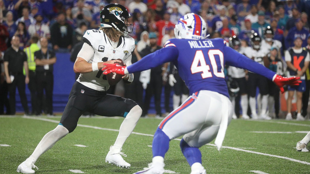 Bills Von Miller heads toward Jaguars quarterback Trevor Lawrence during second half action at Highmark Stadium in Orchard Park on Sept. 23, 2024. Miller had sacked Lawrence in the fourth quarter on a previous play.