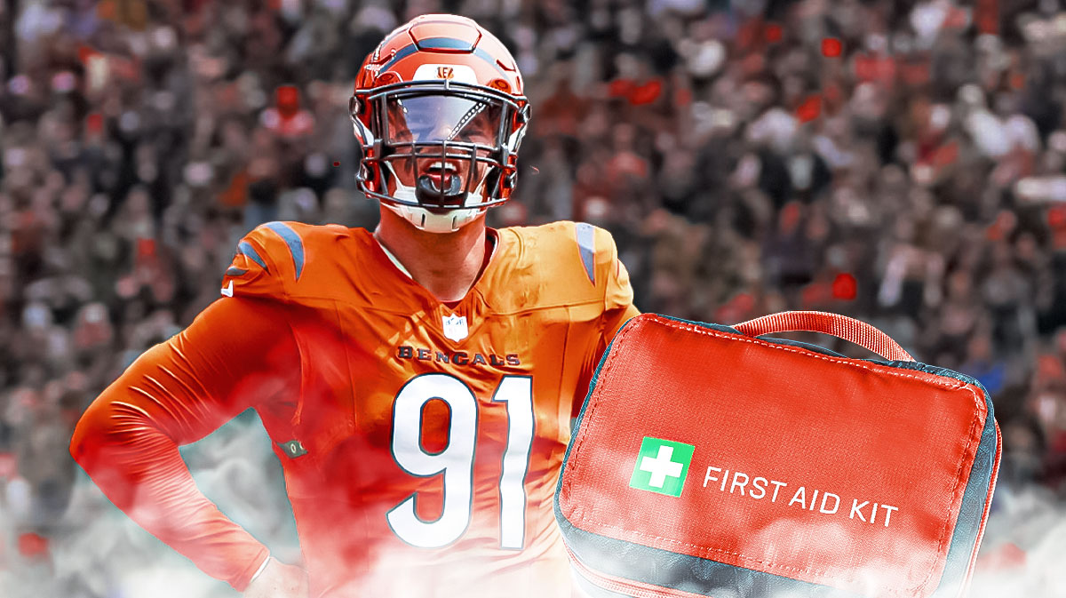Cincinnati Bengals defensive end Trey Hendrickson next to a first aid kit