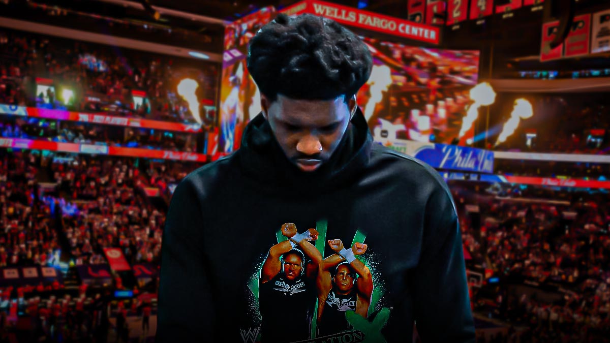 Joel Embiid wearing a D-Generation X shirt next to Joel Embiid with the Wells Fargo Center as the background.
