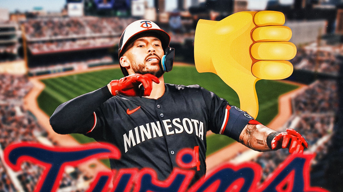 Carlos Correa in a Minnesota Twins uniform looking angry with a thumbs down emoji as the Twins got eliminated from playoff contention and Correa injuries hurt the team.