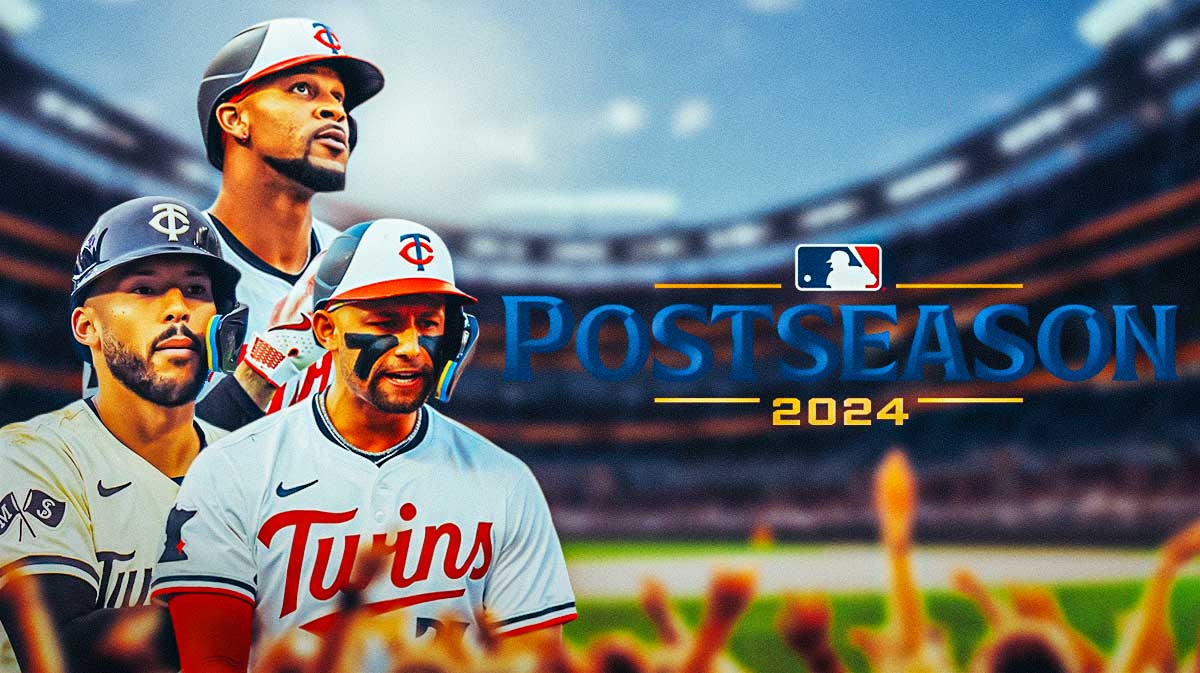 Twins' Carlos Correa, Royce Lewis, and Byron Buxton looking at the 2024 MLB Postseason logo