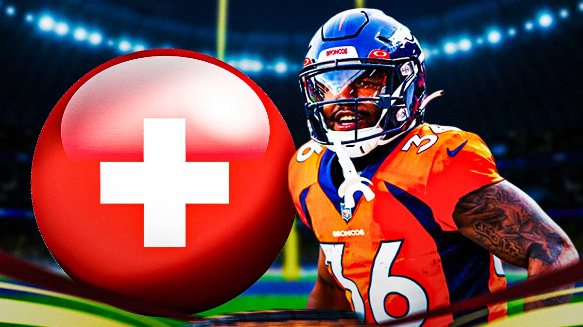 Tyler Badie in Broncos uniform with medical Red Cross symbol