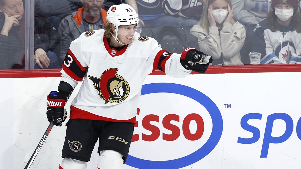 Ottawa Senators right wing Tyler Ennis (63) celebrates his third period goal against the Winnipeg Jets at Canada Life Centre.