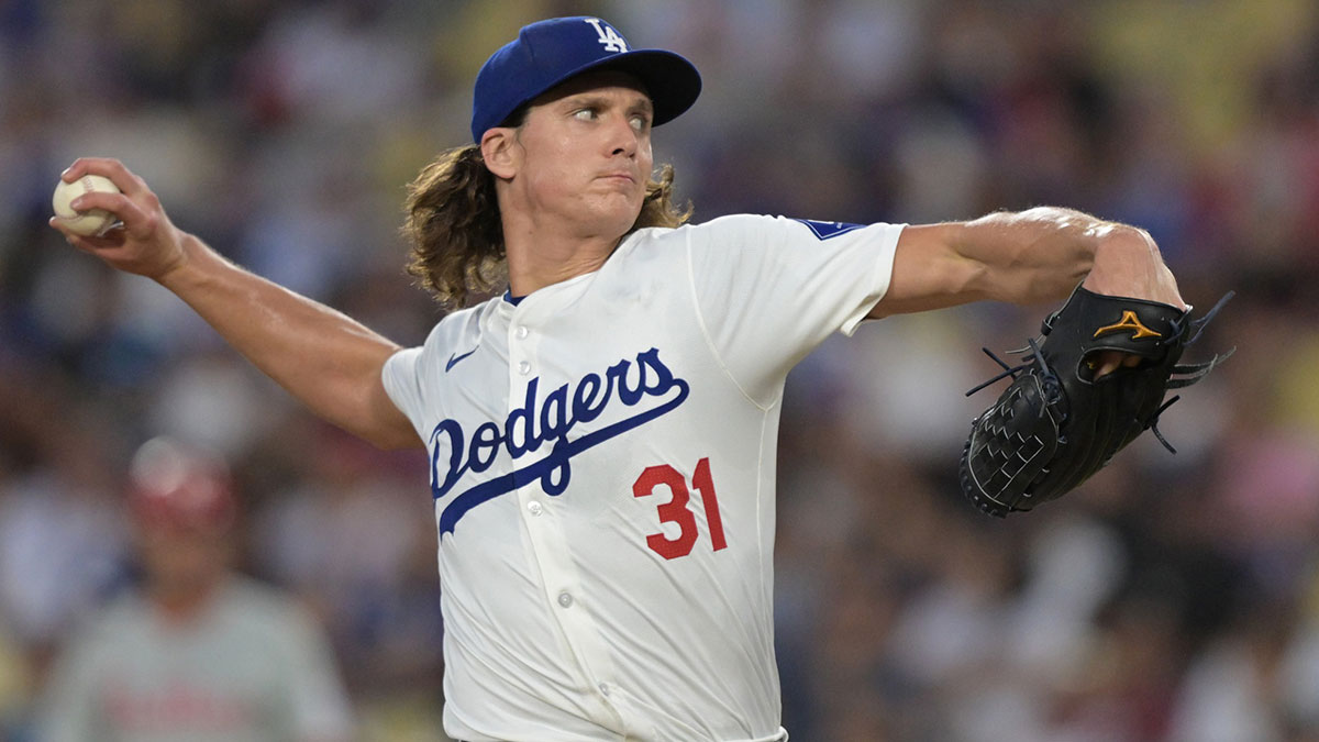 Los Angeles Dodgers starting pitcher Tyler Glasnow (31) delivers to the plate in the third inning against the Philadelphia Phillies at Dodger Stadium.