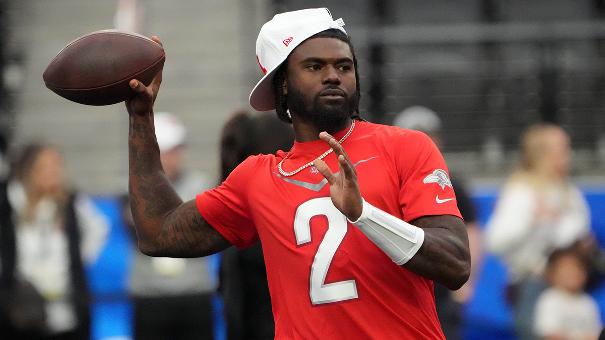 AFC quarterback Tyler Huntley of the Baltimore Ravens (2) throws the ball during Pro Bowl Games practice at Allegiant Stadium.