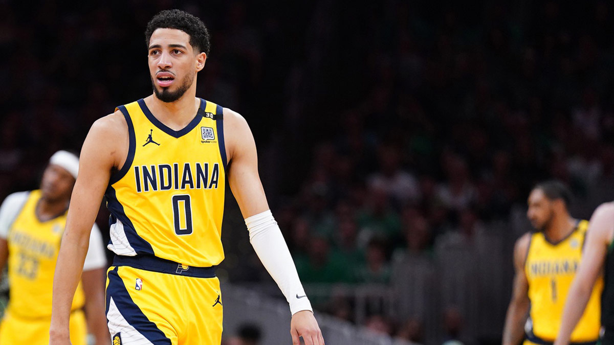 Indiana Pacers guard Tyrese Haliburton (0) reacts against the Boston Celtics in the first half during Game 2 of the Eastern Conference Finals of the 2024 NBA Playoffs at TD Garden.