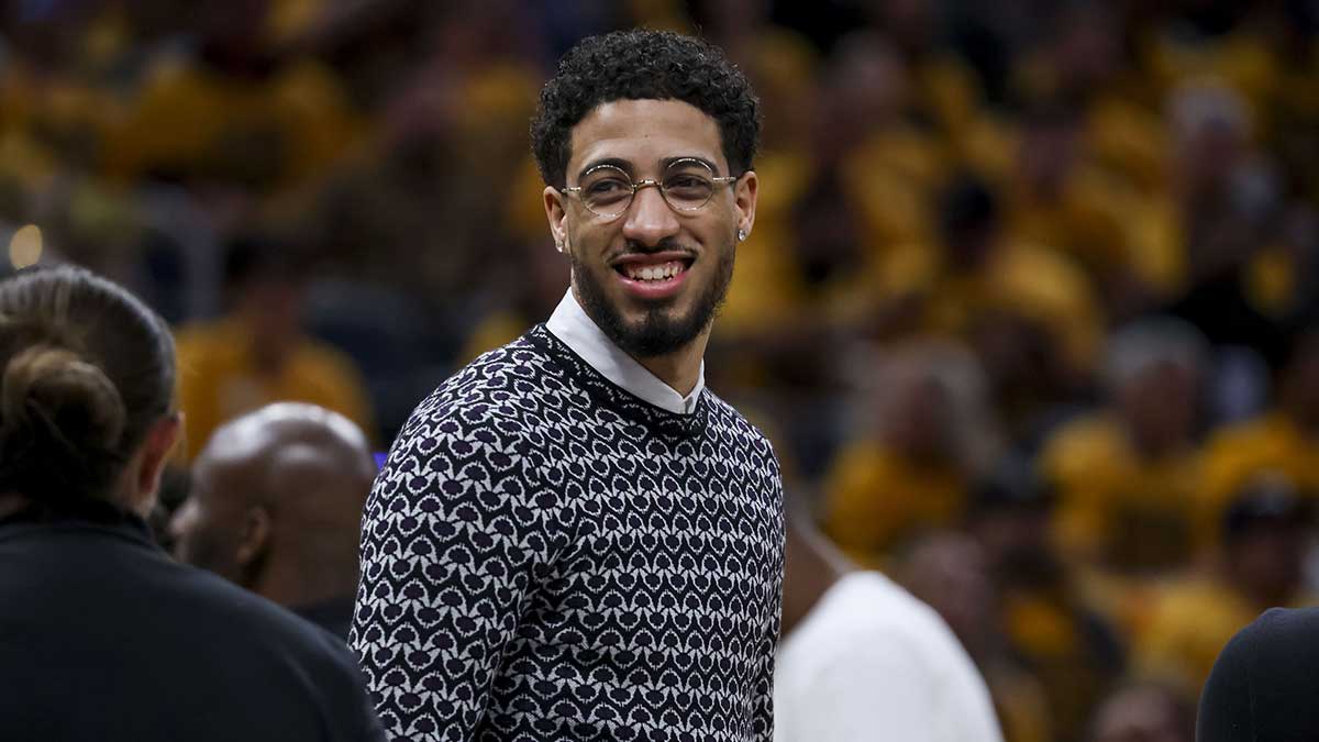 Tyrese Haliburton during the first quarter of Game 4 of the Eastern Conference Finals of the 2024 NBA Playoffs at Gainbridge Fieldhouse.