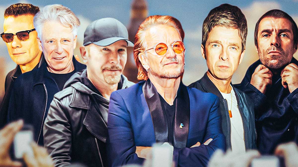 U2 members Larry Mullen Jr, Adam Clayton, The Edge, and Bono next to Oasis' Noel and Liam Gallagher ahead of 2025 reunion tour with London background.