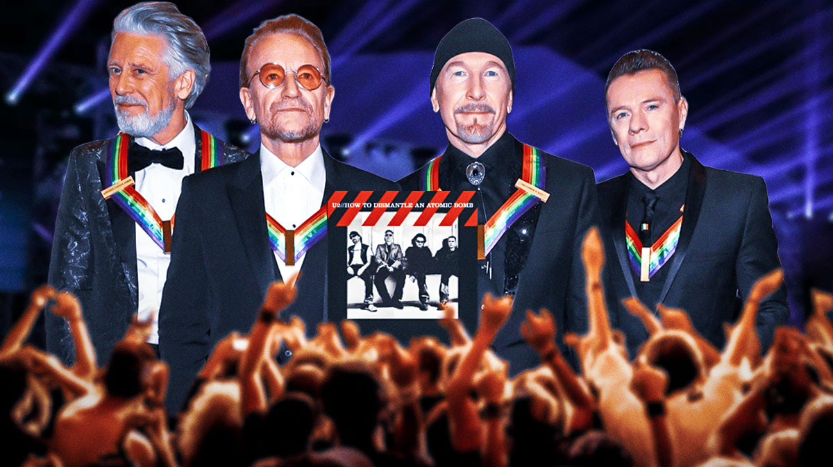 U2 members Adam Clayton, Bono, The Edge, and Larry Mullen Jr with How to Dismantle an Atomic Bomb album cover.