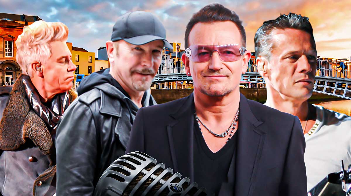 U2 members Adam Clayton, The Edge, Bono, and Larry Mullen Jr with Dublin, Ireland, background, which Songs of Innocence was written about.