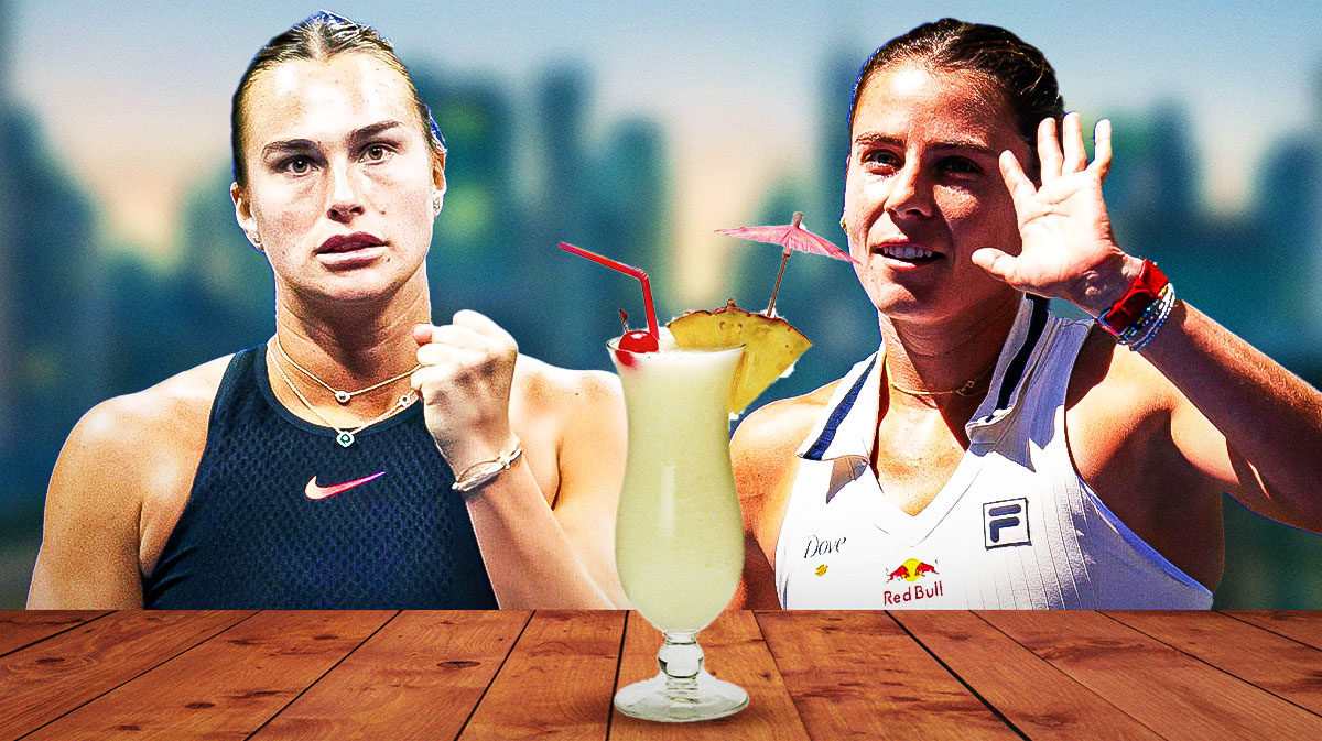 women’s tennis players Aryna Sabalenka and Emma Navarro, with Sabalenka holding a tray of drinks like she’s offering a drink to Emma Navarro