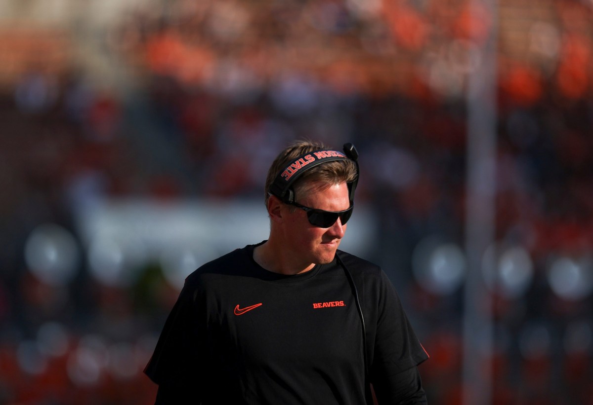 Oregon State Beavers head coach Trent Bray walks along the sidelines during the game against Idaho State