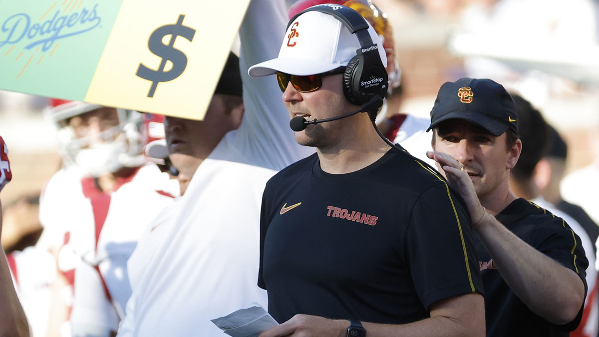 Sep 21, 2024; Ann Arbor, Michigan, USA; USC Trojans head coach Lincoln Riley on the sideline in the second half against the Michigan Wolverines at Michigan Stadium. Mandatory Credit: