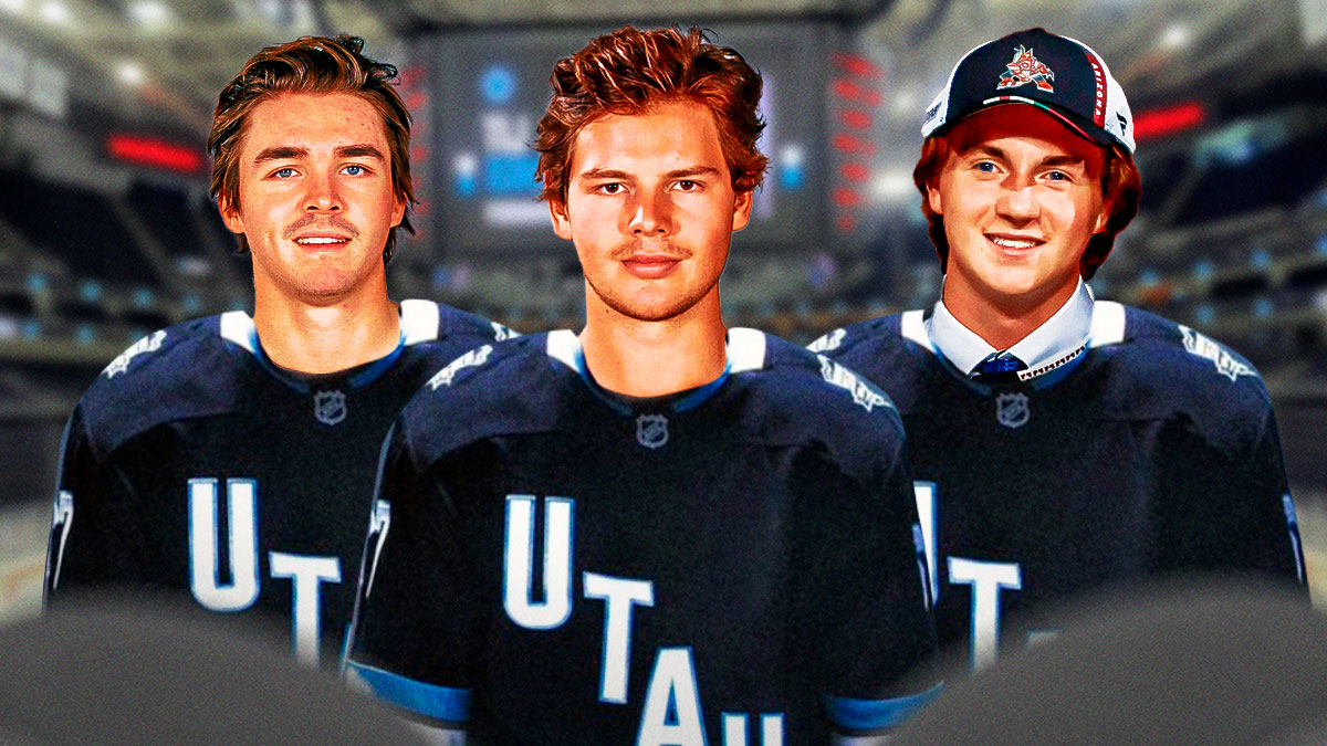 Barrett Hayton, Clayton Keller, and Logan Cooley in Utah HC uniforms.