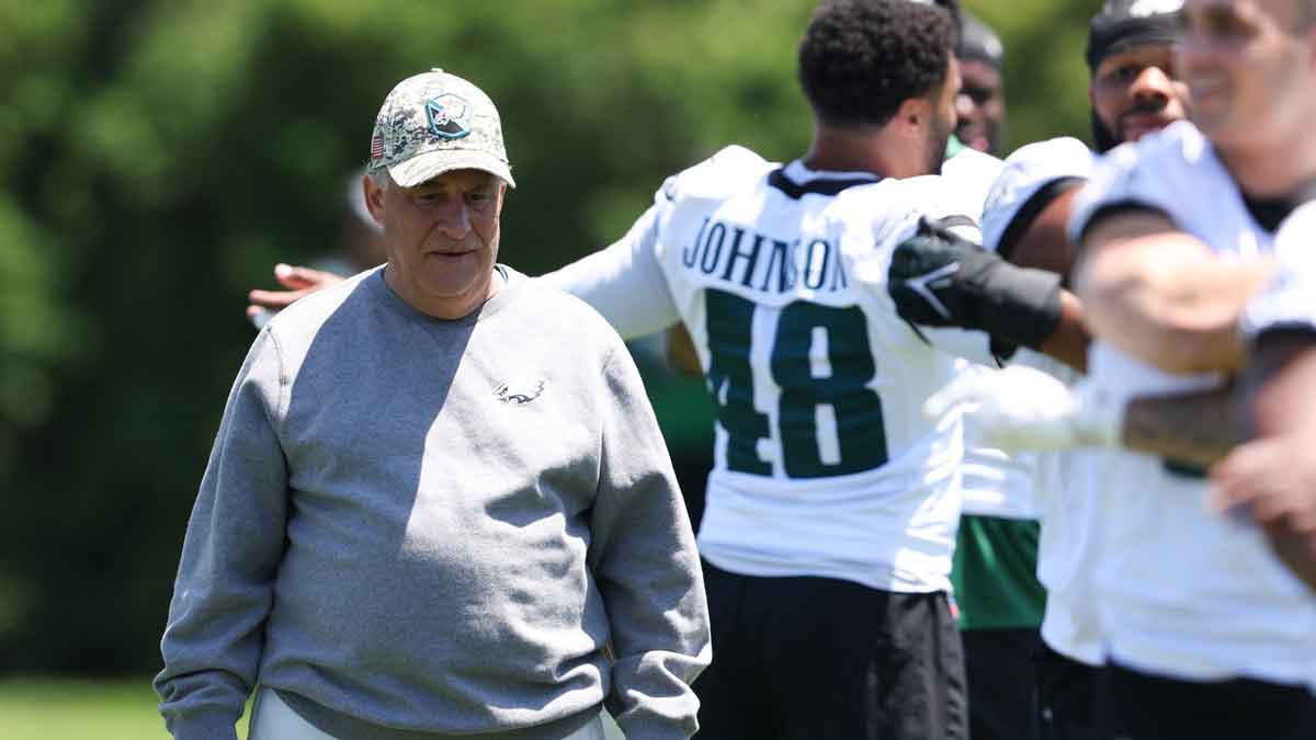 May 30, 2024; Philadelphia, PA, USA; Philadelphia Eagles defensive coordinator Vic Fangio during practice at NovaCare Complex.