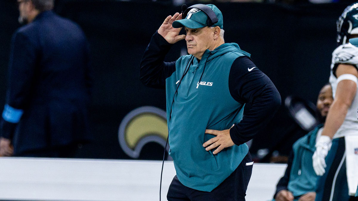 Philadelphia Eagles defensive coordinator Vic Fangio looks on during the first half against the New Orleans Saints at Caesars Superdome.