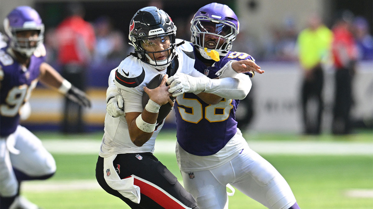 Minnesota Vikings linebacker Jonathan Greenard (58) sacks Houston Texans quarterback C.J. Stroud (7) during the fourth quarter at U.S. Bank Stadium.