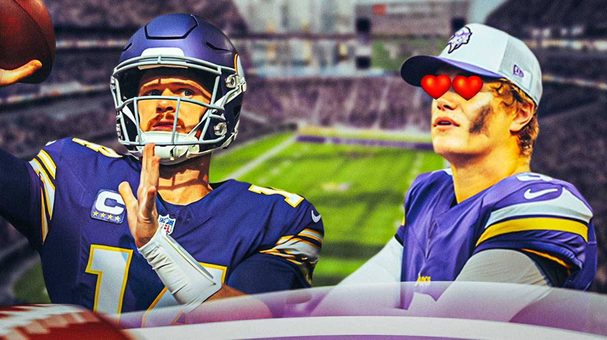 Vikings' JJ McCarthy with hearts for eyes looking at Vikings' Sam Darnold