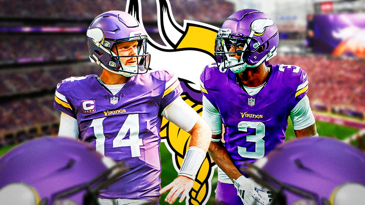 Sam Darnold and Jordan Addison in Vikings jerseys.