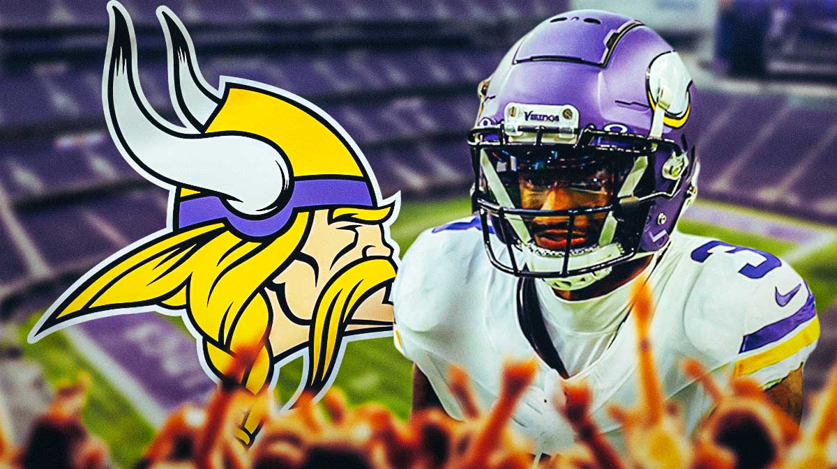 Vikings Jordan Addison next to a Vikings logo at US Bank Stadium