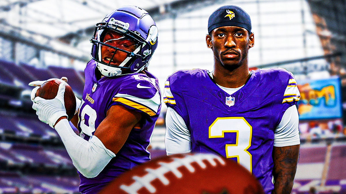 Vikings Justin Jefferson catching a football on left, Vikings Jordan Addison looking serious on right.