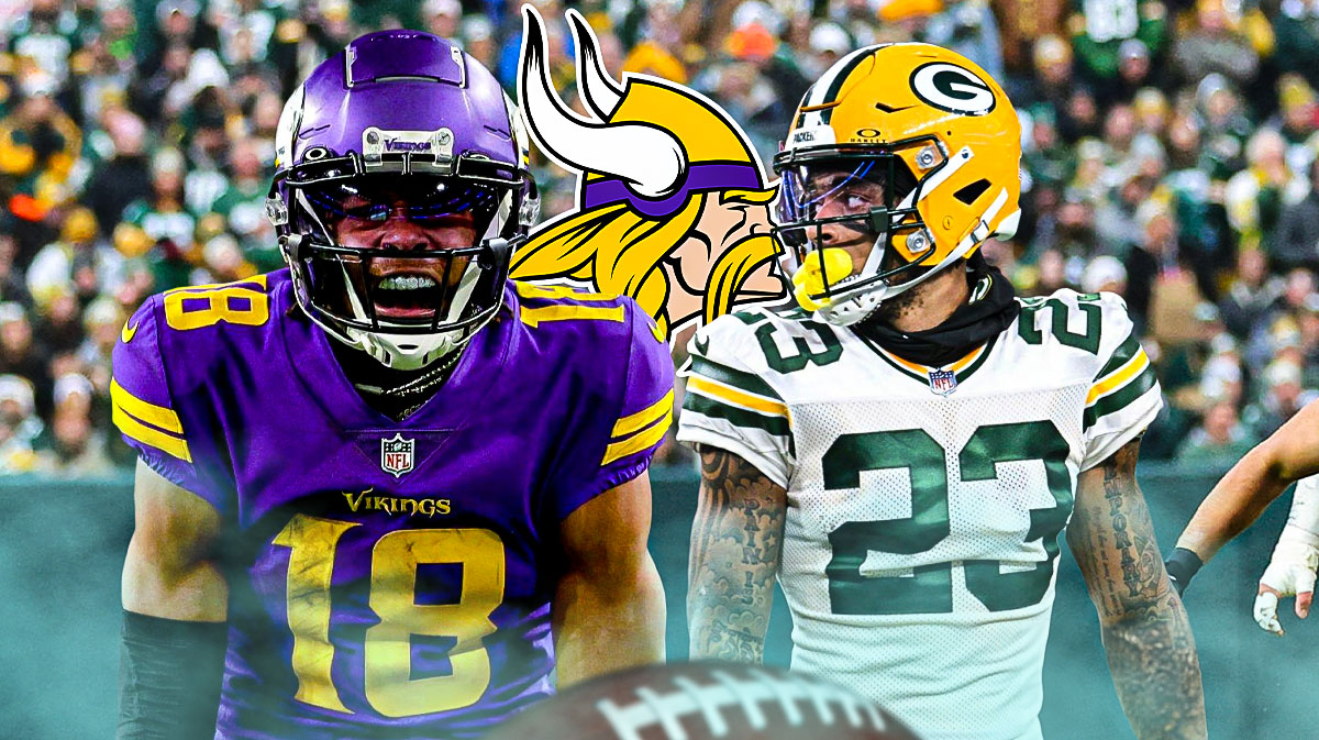 Minnesota Vikings WR Justin Jefferson with Green Bay Packers CB Jaire Alexander. There is also a logo for the Minnesota Vikings.