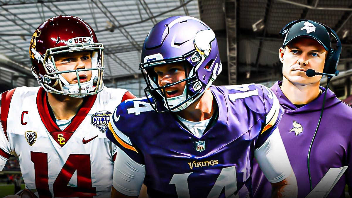 Minnesota Vikings head coach Kevin O'Connell in the center with Sam Darnold on the Vikings on one side and Darnold on USC on the other side in front of U.S. Bank Stadium.